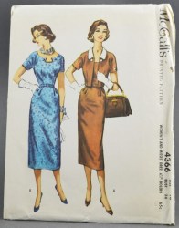 4366 MCCALLS 1957 SHORT SLEEVE STRAIGHT DRESS, COLLAR,  BOLERO PATTERN 42 44"B, 36"W